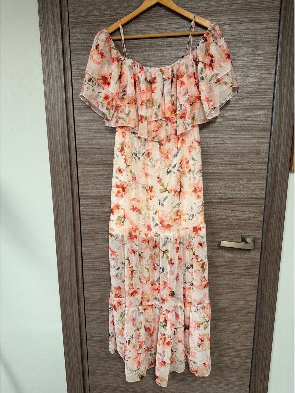BB Dakota RSVP Floral Midi Dress XS Off Shoulder Ruffle Chiffon Tiered Boho